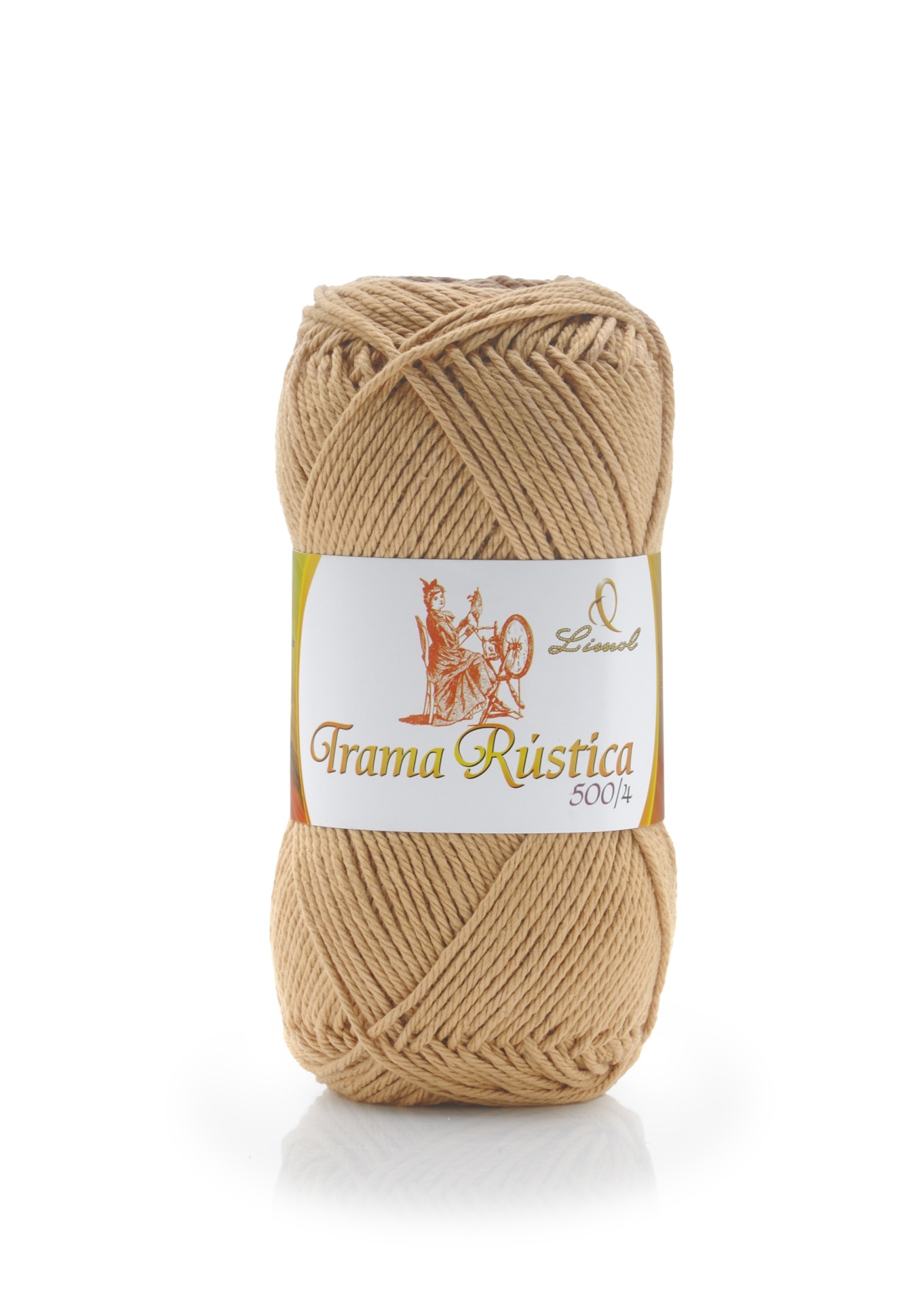 Rolo de fio de lã bege com etiqueta branca e texto