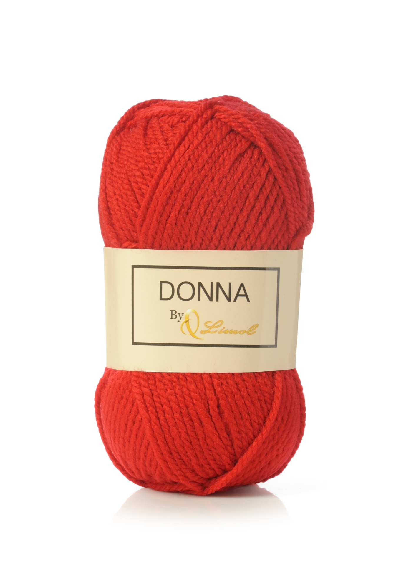 Novelo de lã vermelho com etiqueta branca DONNA