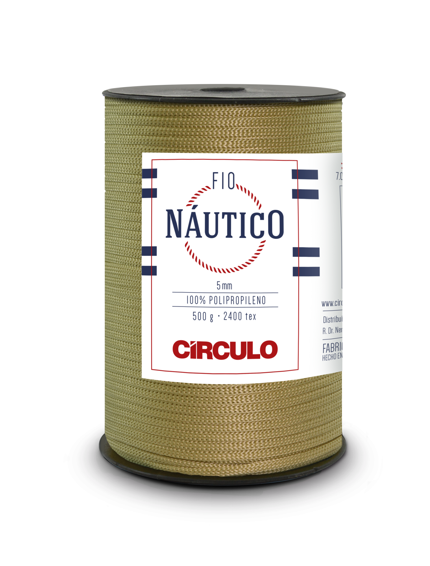 Rolo de fio náutico bege com etiqueta branca e azul