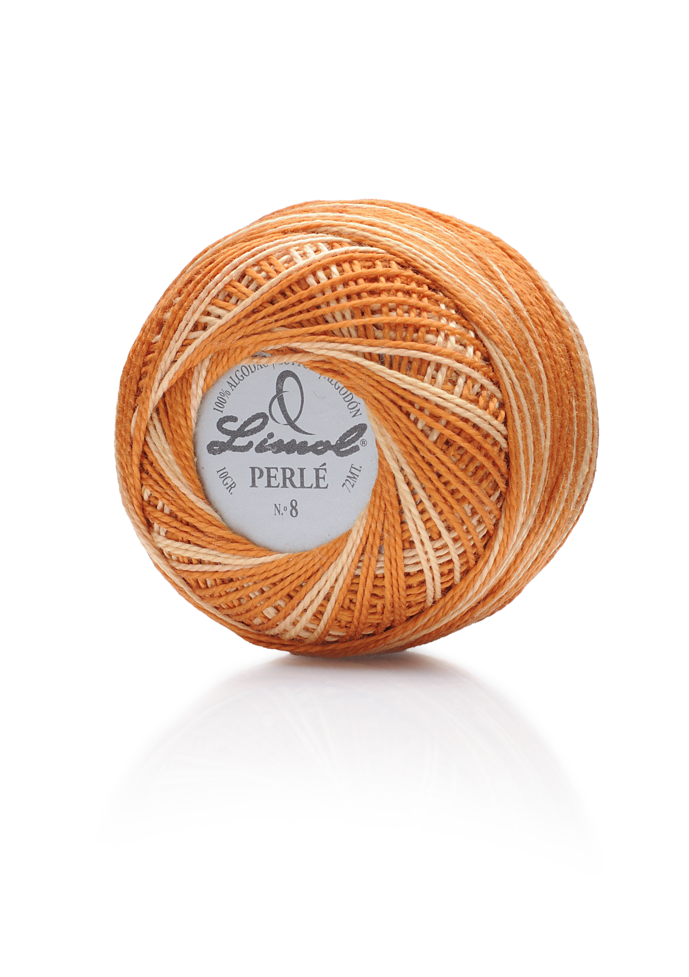 Rolo de linha perlé Linol Nº 8 em tons de laranja e bege com etiqueta circular branca