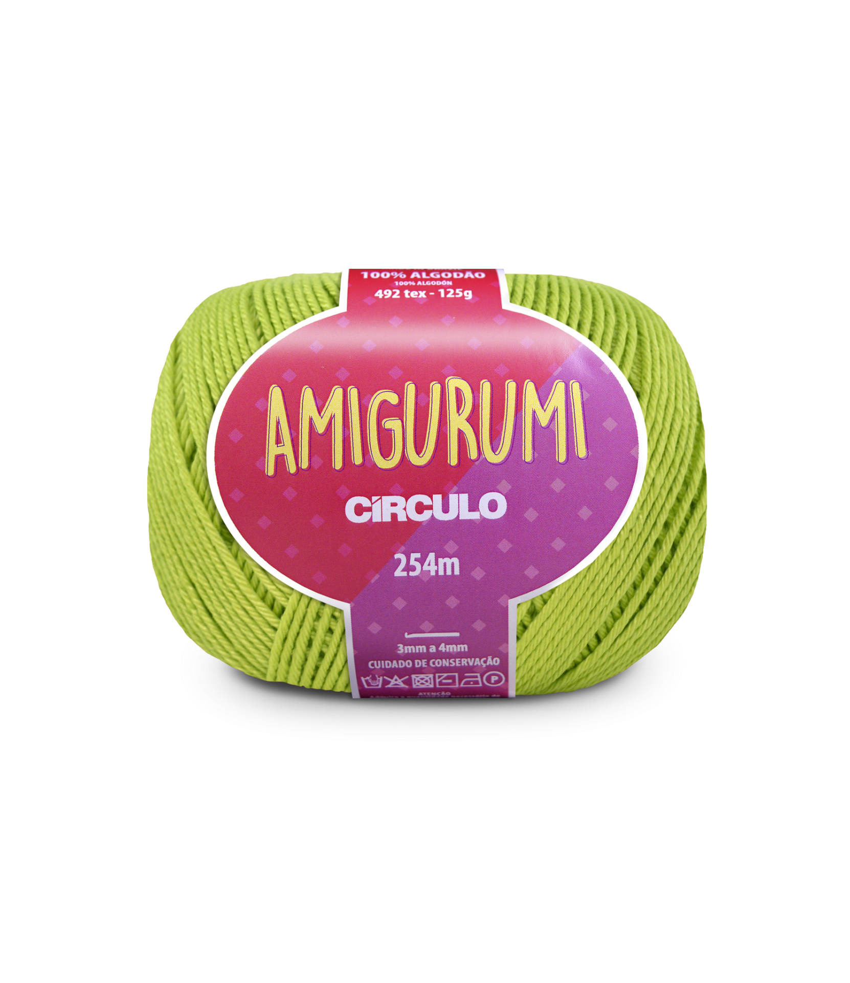 Novelo de fio verde claro com etiqueta roxa-pink AMIGURUMI CÍRCULO