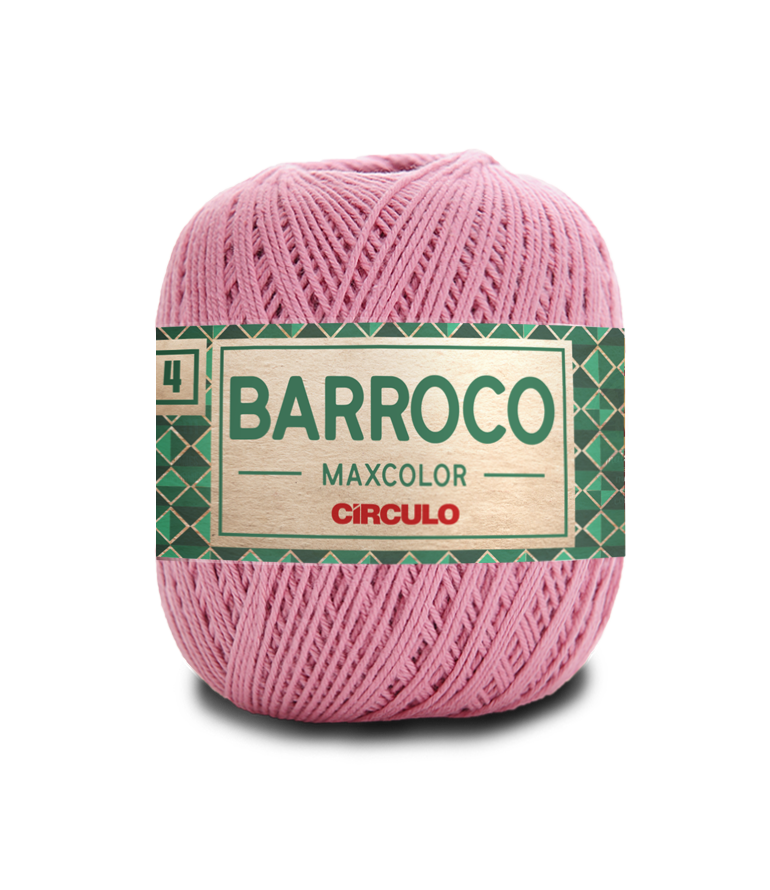 Novelo de fio de algodão rosa com etiqueta da marca BARROCO MAXCOLOR CÍRCULO.