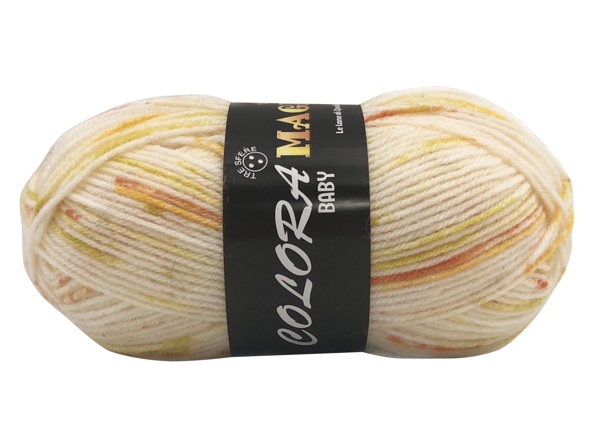 Novelo de lã creme com manchas amarelas e cor de ferrugem, etiqueta preta, fundo branco