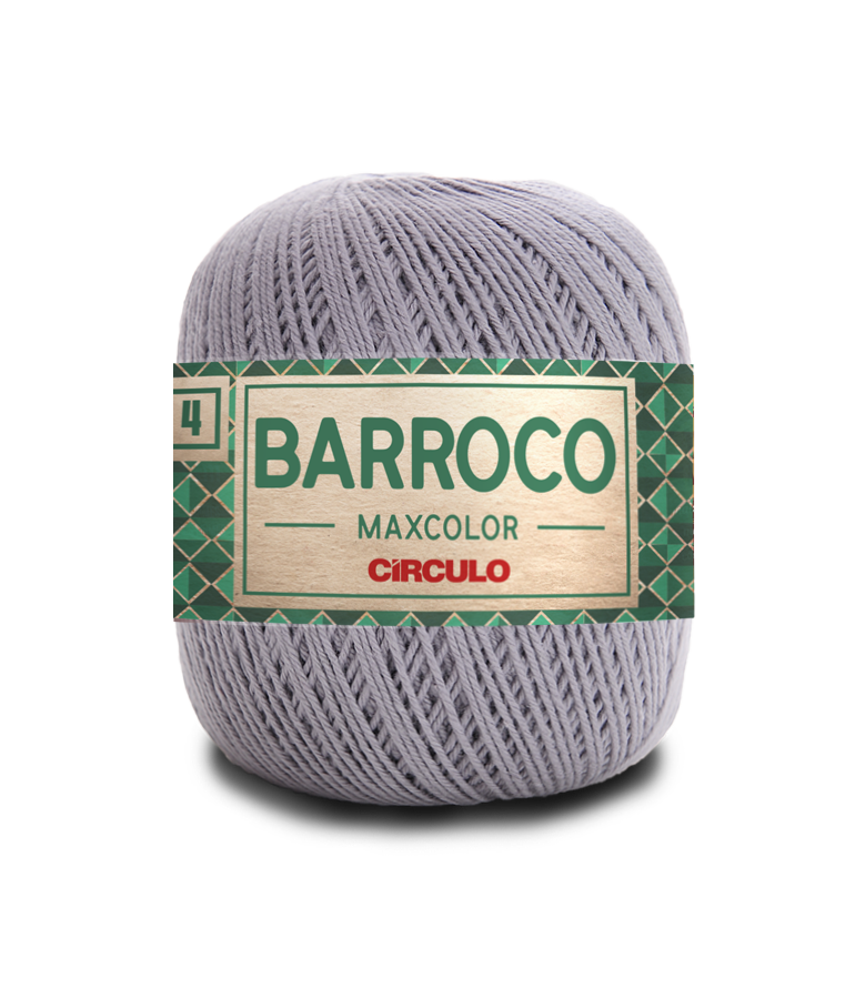 Novelo de fio cinzento claro com rótulo Barroco Maxcolor.