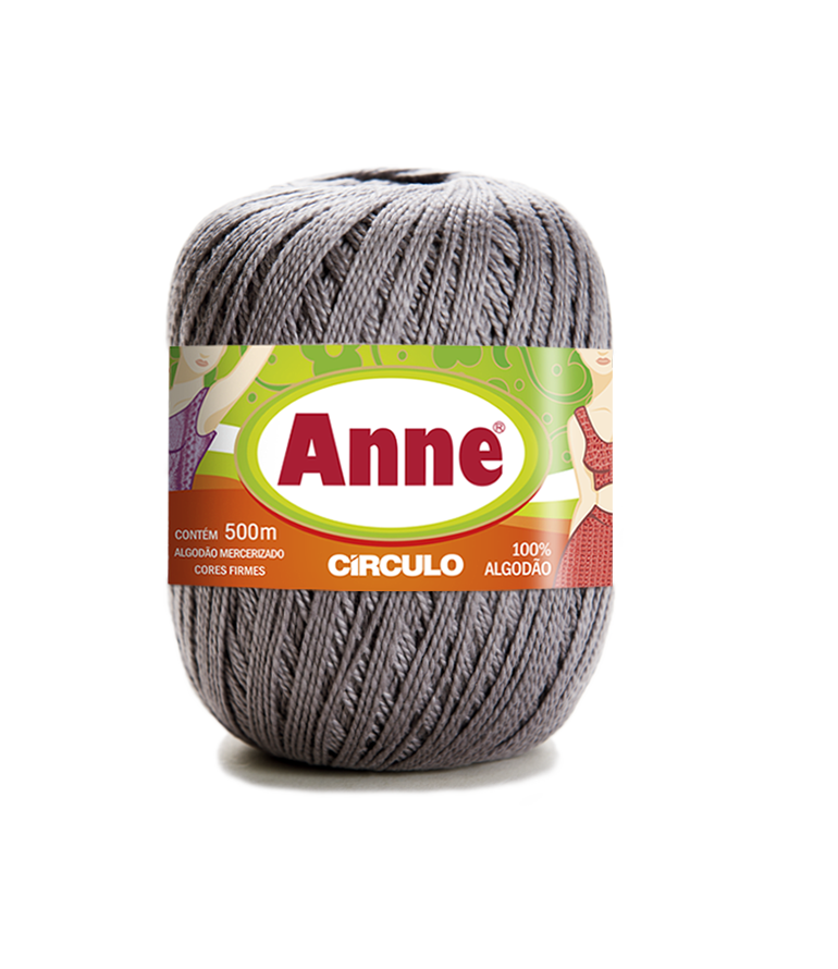 Novelo de fio de algodão cinzento com rótulo colorido da marca Anne