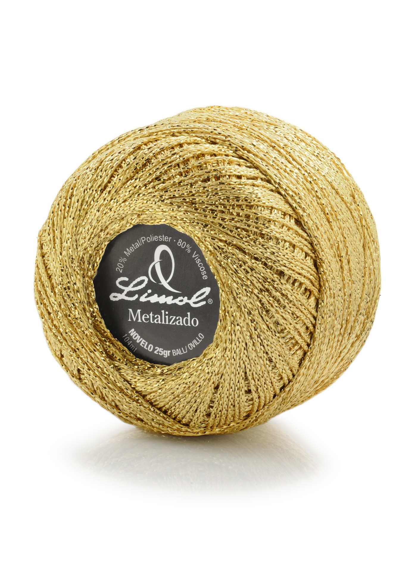 Rolo de linha metalizado dourado com etiqueta preta