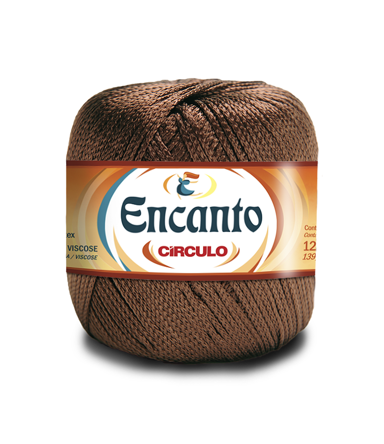 Novelo de fio castanho viscose com etiqueta Encanto Círculo