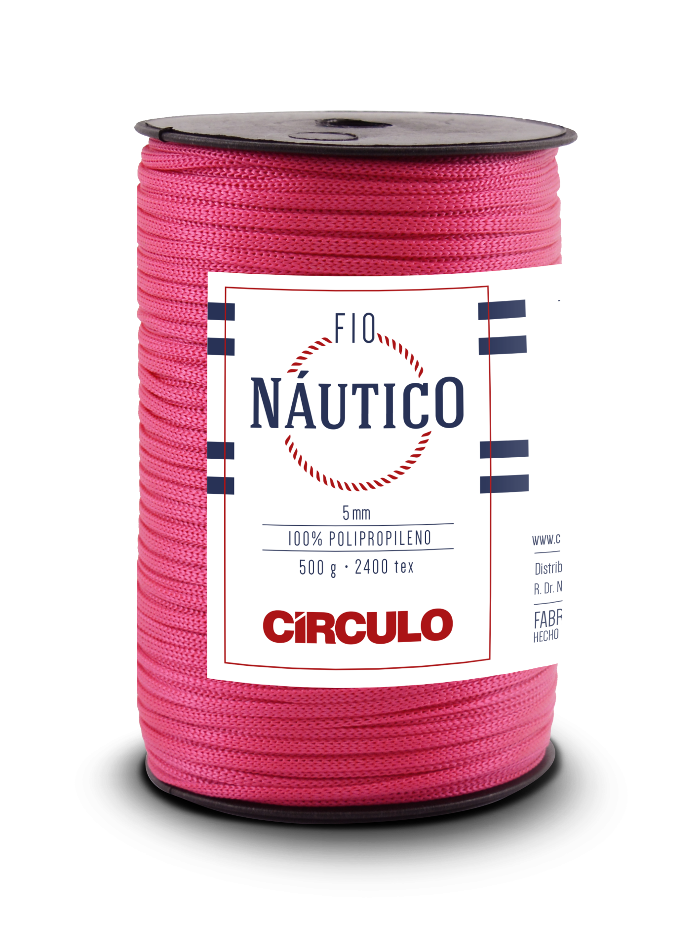 Rolo de fio náutico cor de rosa com etiqueta branca e azul