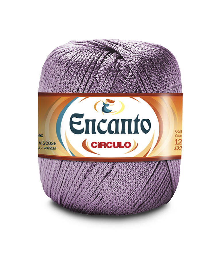 Novelo de fio lilás Encanto Círculo com etiqueta branca e laranja