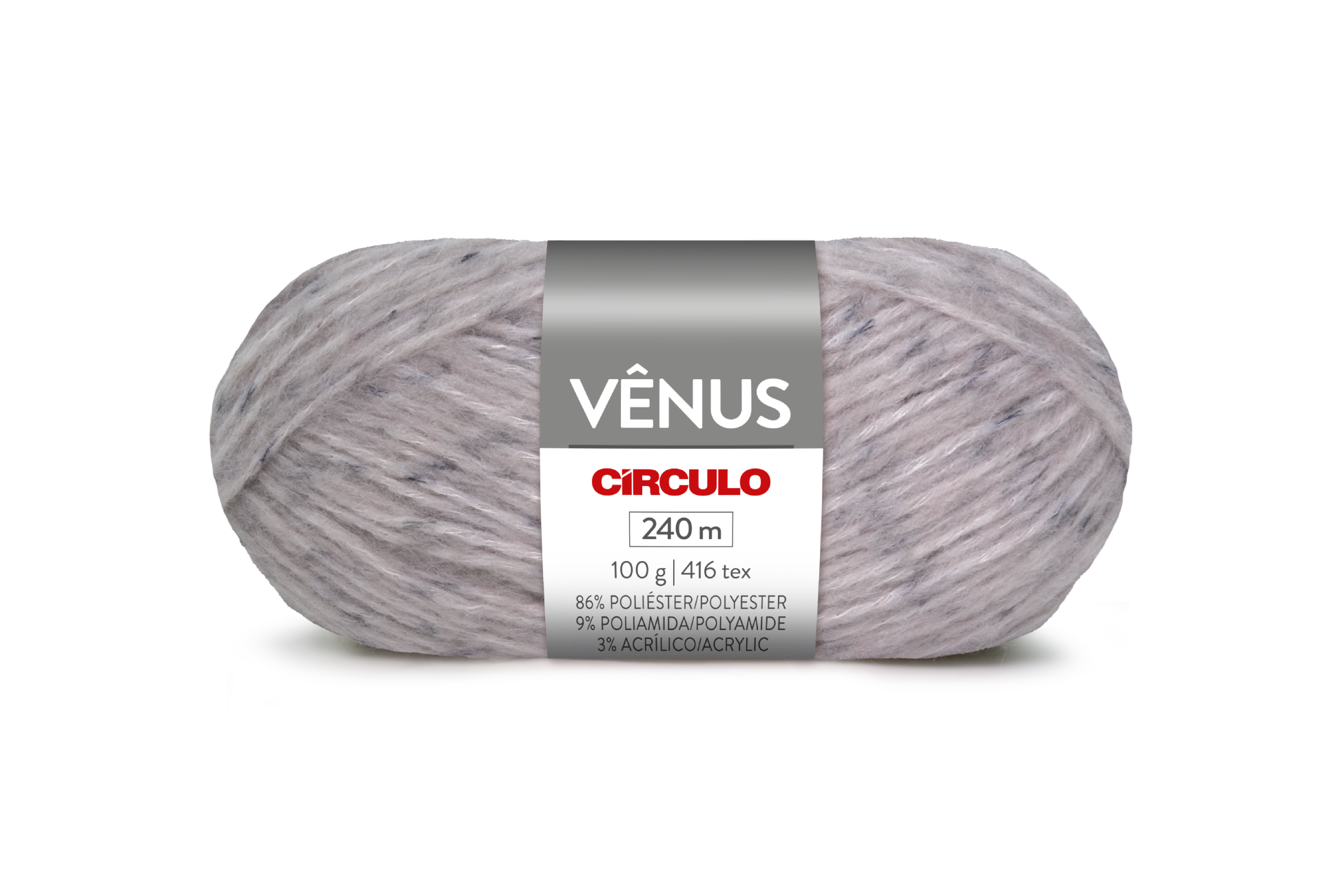 Novelo de lã cinza claro com etiqueta VÊNUS CÍRCULO