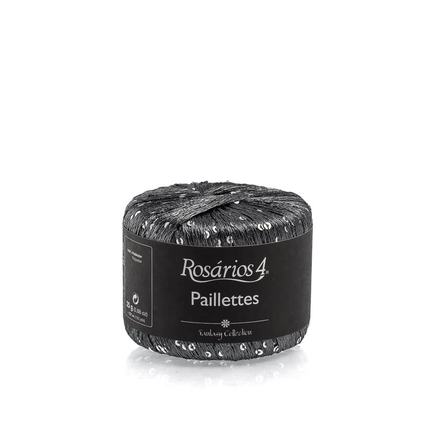 Fio de lantejoulas cinza escuro com etiqueta preta Rosários 4 Paillettes em fundo branco