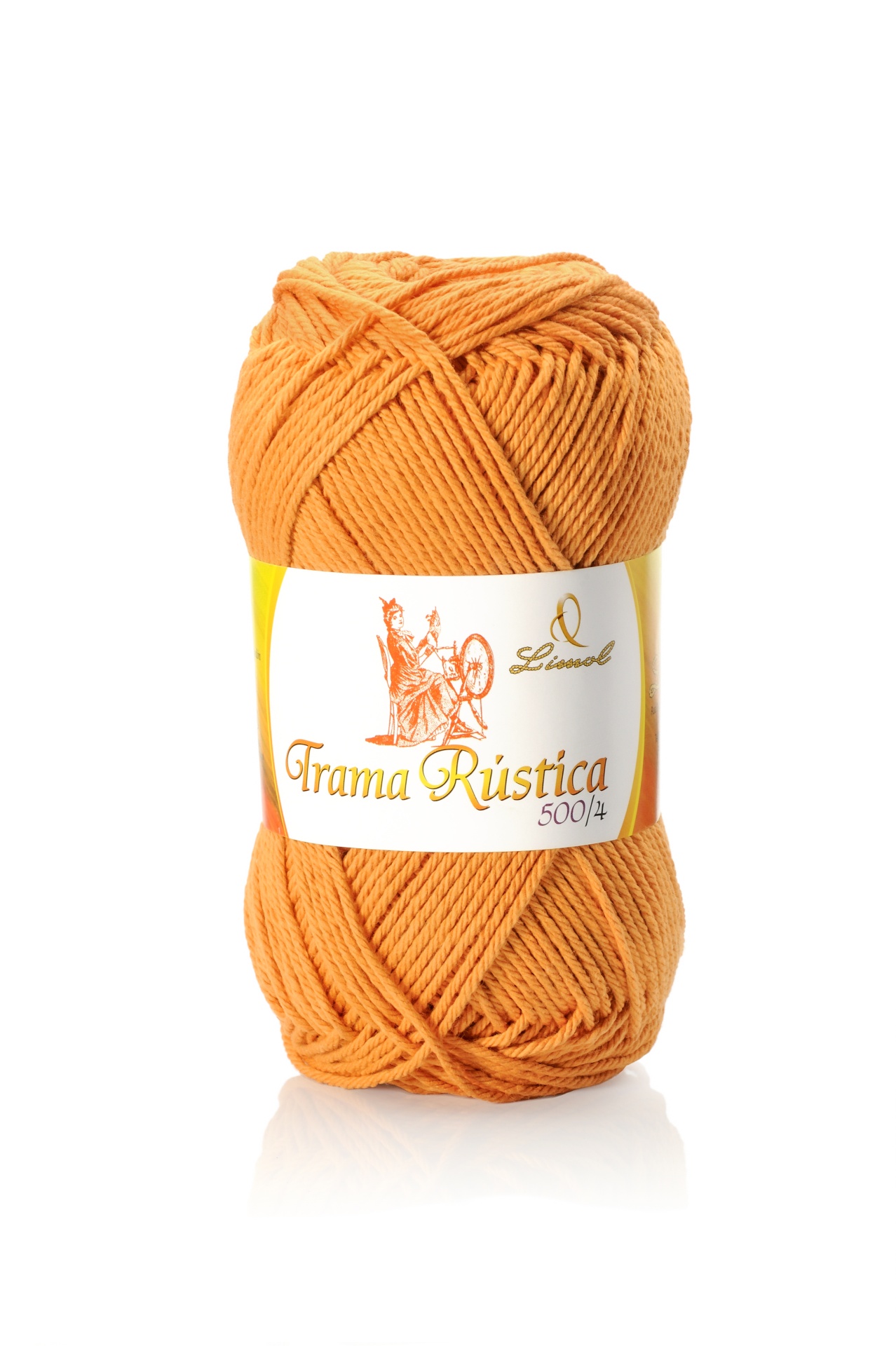 Novelo de fio laranja com etiqueta branca e dourada com texto e figura