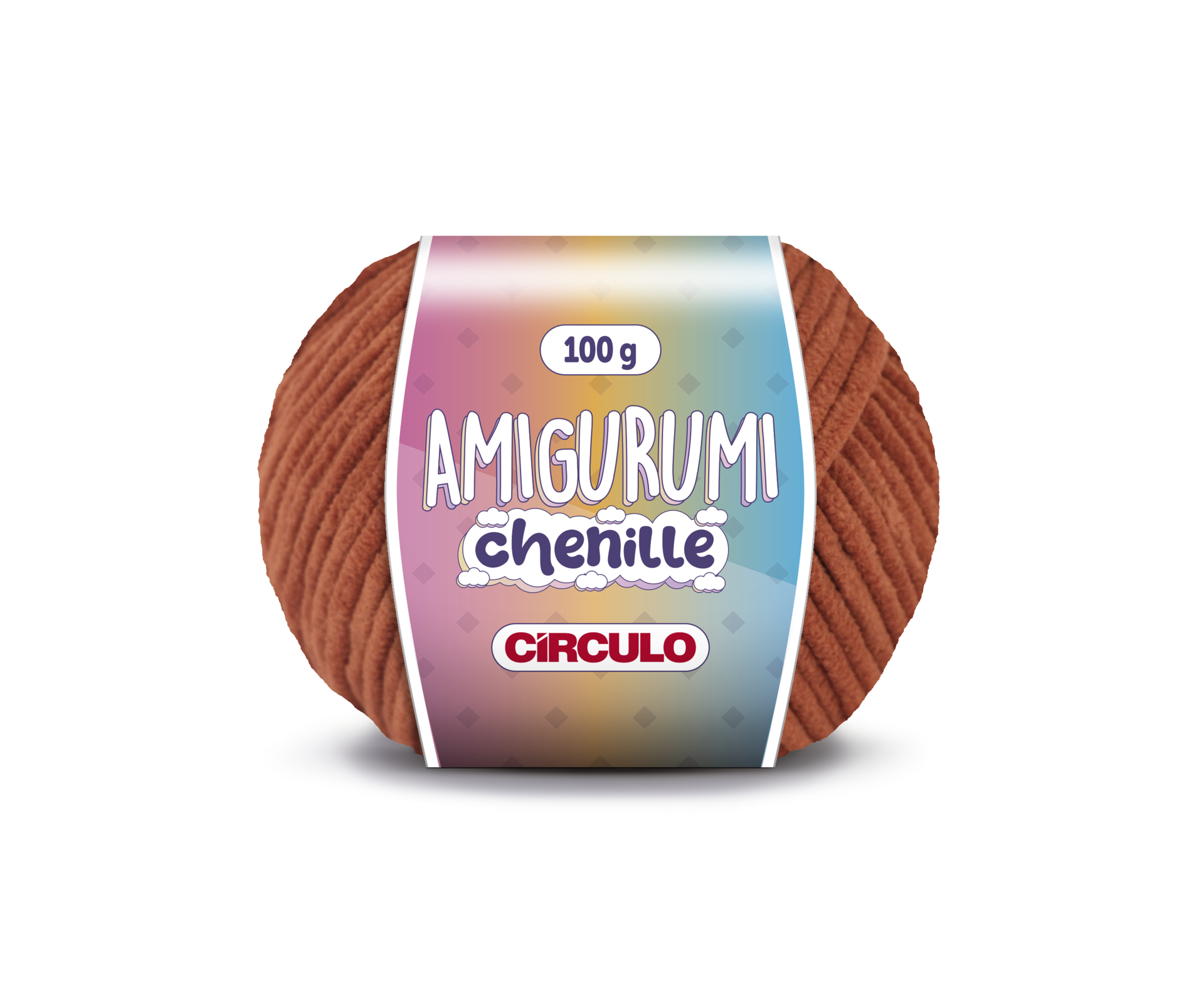 Novelo de fio chenille castanho com etiqueta colorida e texto