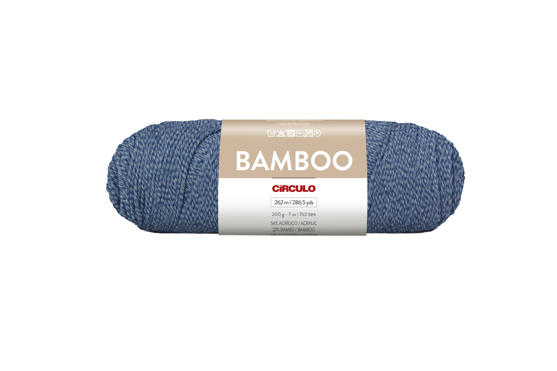 Novelo de fio azul de bambu com etiqueta da marca CÍRCULO e texto BAMBOO