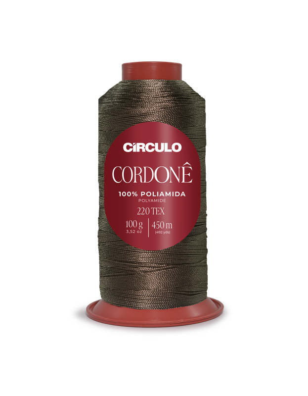 Cone de linha Círculo Cordonê castanho com etiqueta vermelha