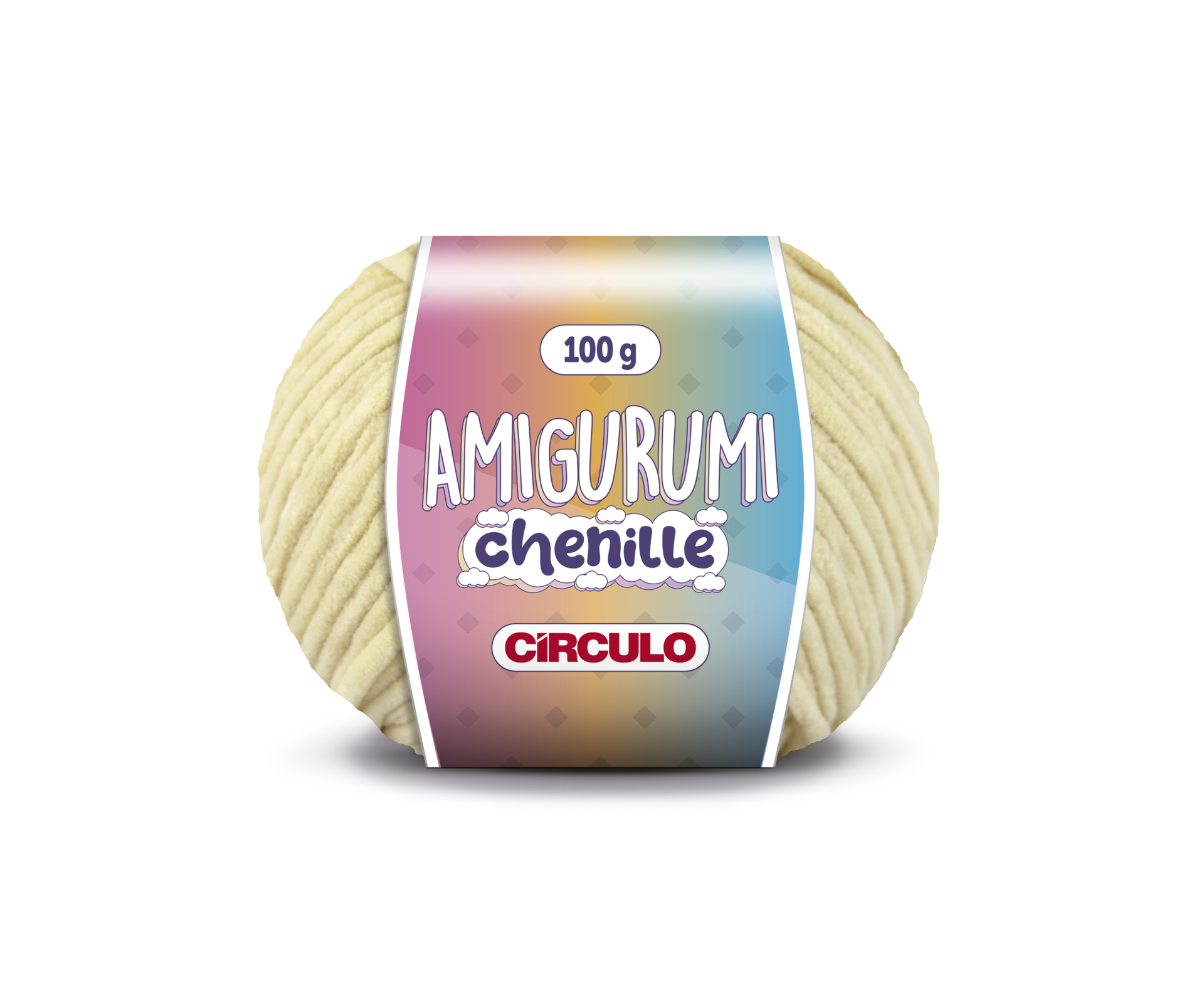 Novelo de fio chenille amarelo claro com etiqueta colorida e texto.