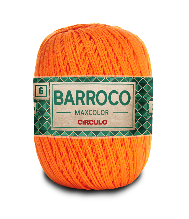 Novelo de fio laranja com etiqueta verde e branca com texto BARROCO MAXCOLOR CÍRCULO.