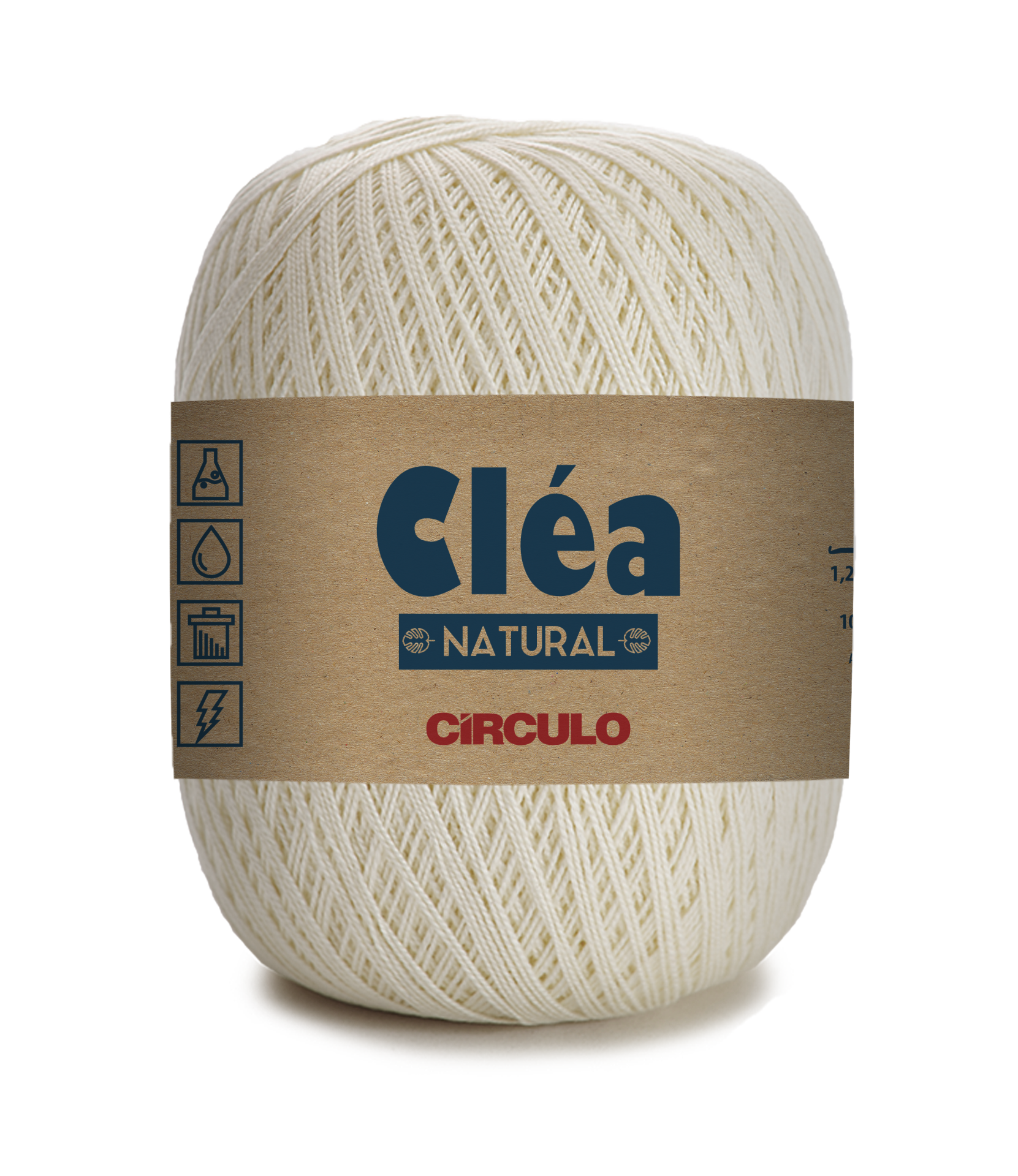 Novelo de fio de algodão natural com rótulo Cléa NATURAL CÍRCULO