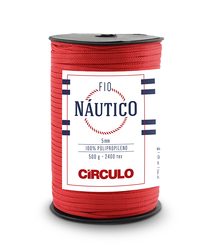 Rolo de fio náutico vermelho com rótulo branco, azul e vermelho.