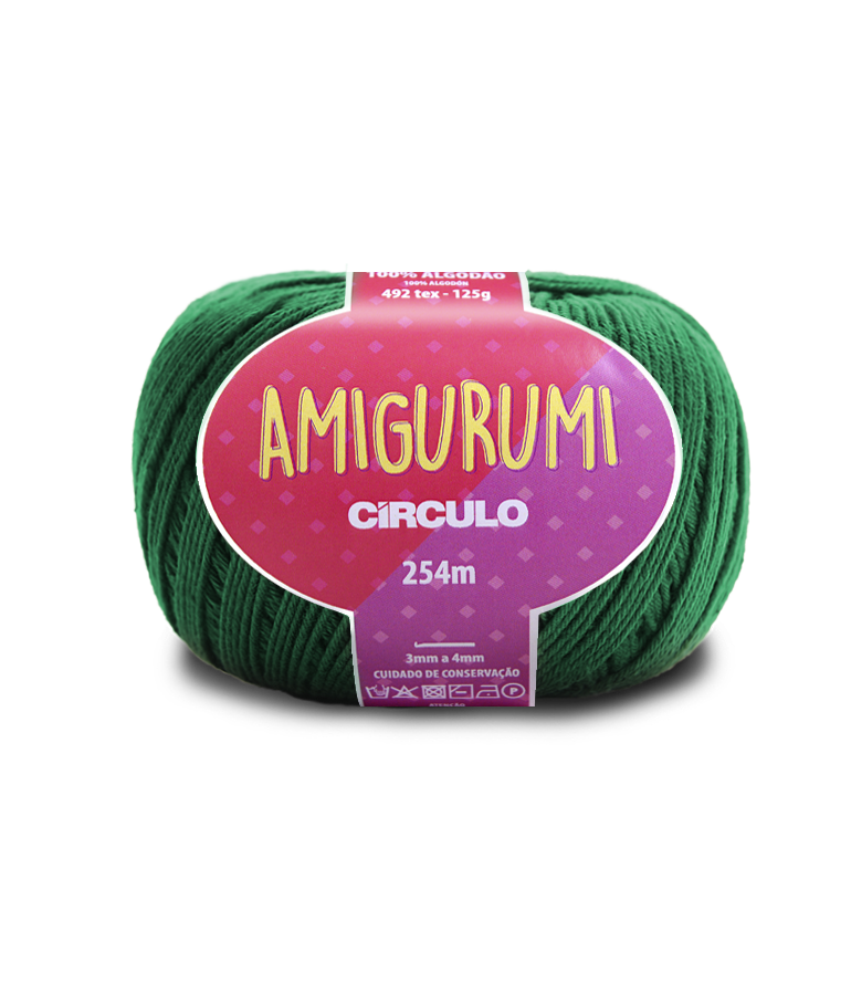 Novelo de fio verde escuro com etiqueta rosa AMIGURUMI CÍRCULO