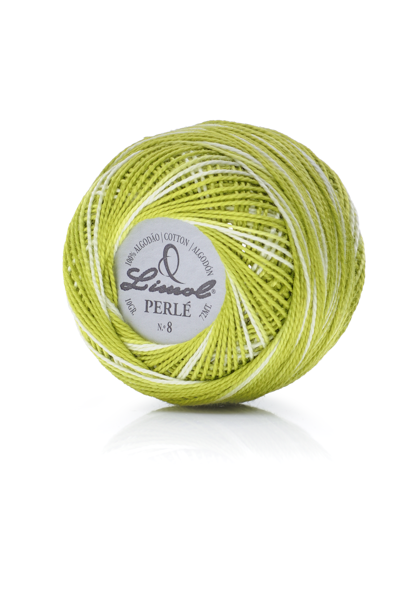 Rolo de linha verde e branco Limol Perlé N.º 8 com etiqueta circular