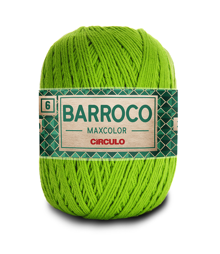 Novelo de fio de cor verde limão com etiqueta 'BARROCO MAXCOLOR CÍRCULO' e número 6