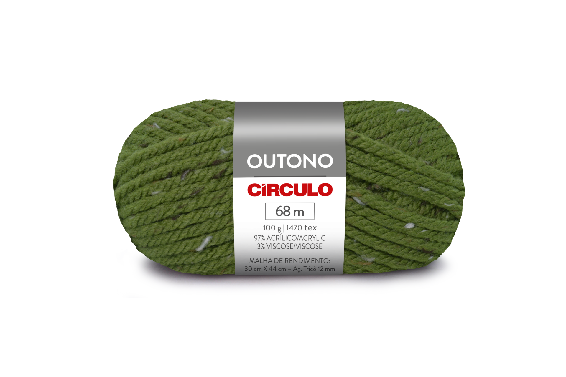 Novelo de lã verde com fios brancos e etiqueta branca