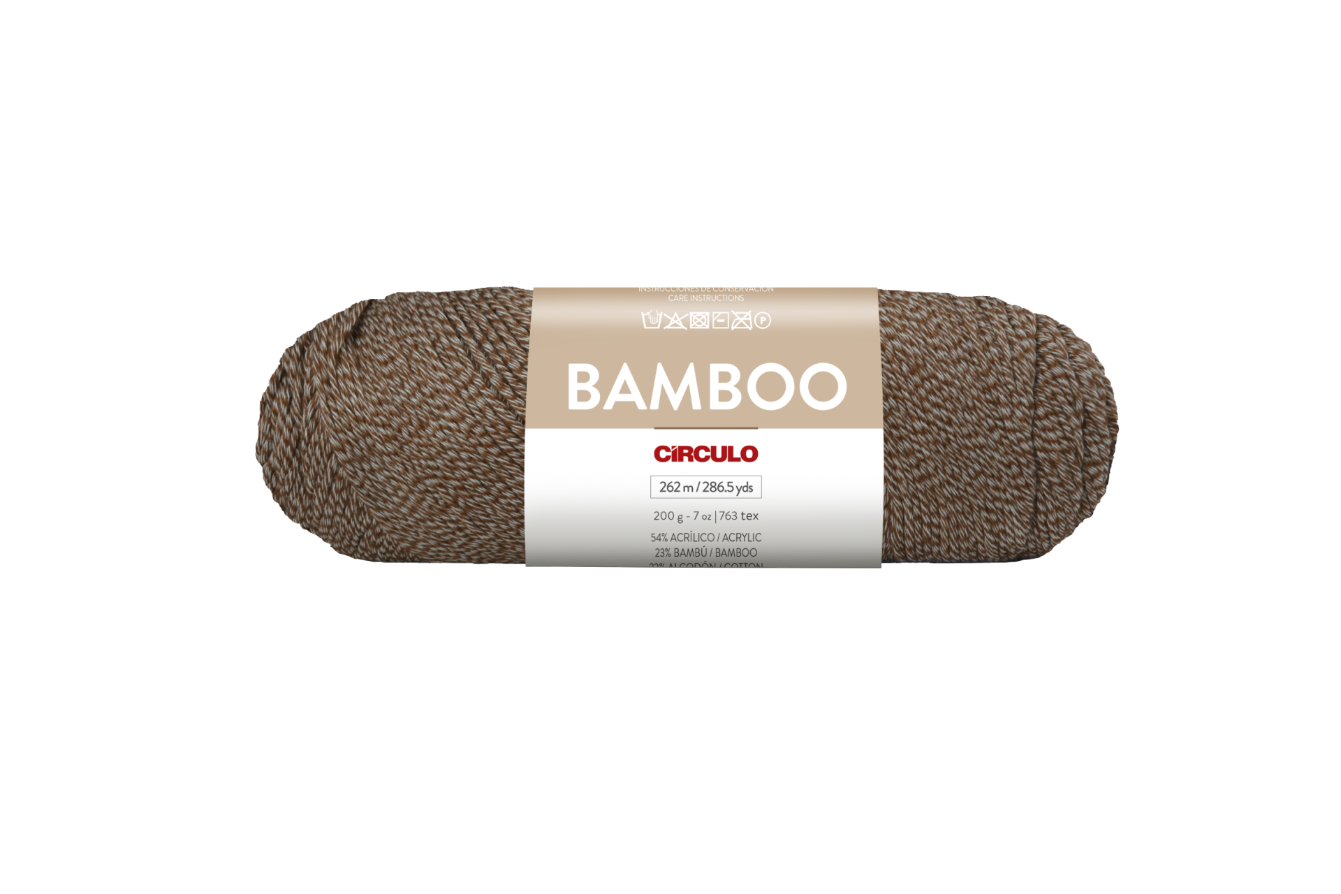 Novelo de fio castanho com etiqueta branca CIRCULO BAMBOO