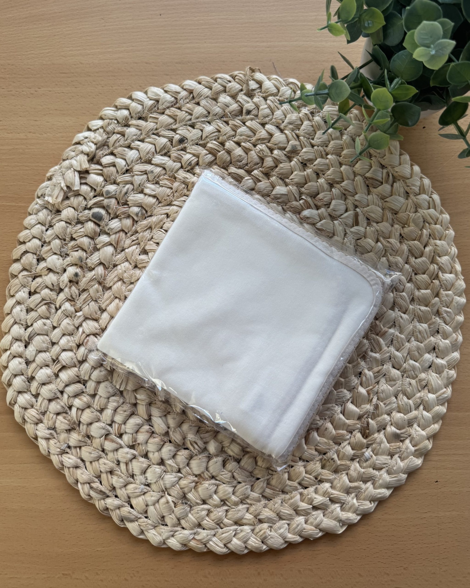 Guardanapo branco de tecido sobre descanso de mesa trançado e planta verde