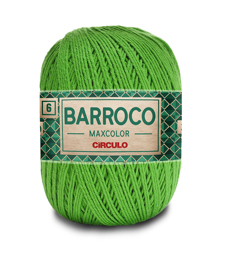 Novelo de fio verde com rótulo da marca Barroco Maxcolor da Círculo