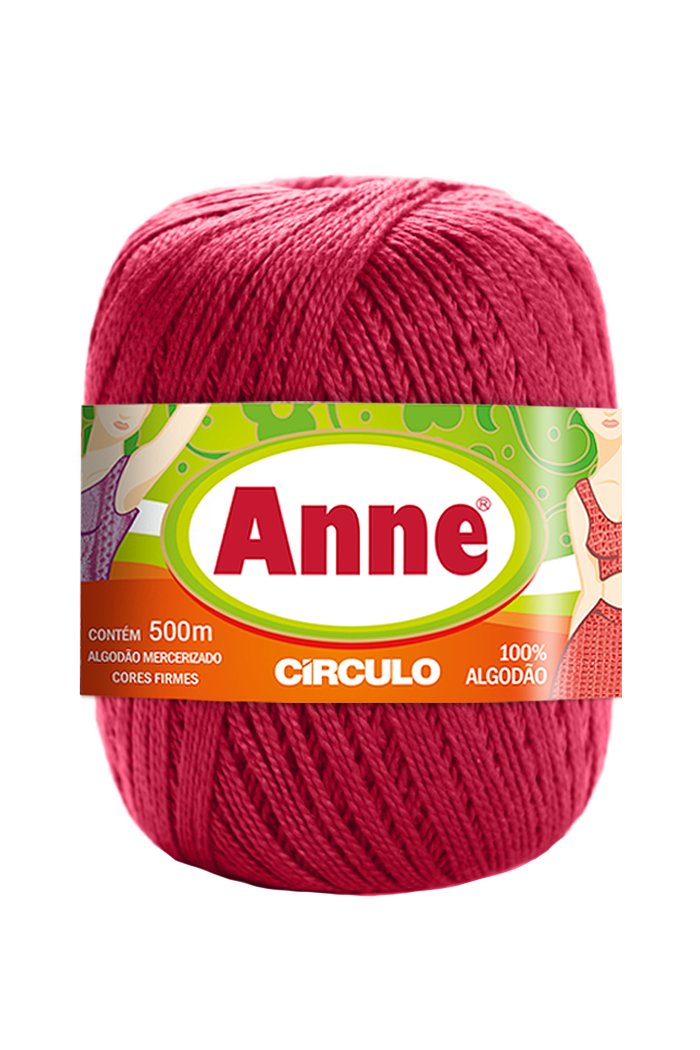 Novelo de fio vermelho com etiqueta Anne Circulo