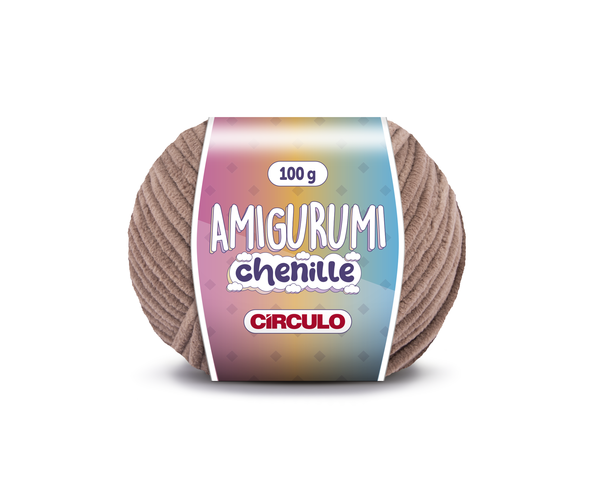 Novelo de lã chenille castanha com etiqueta colorida