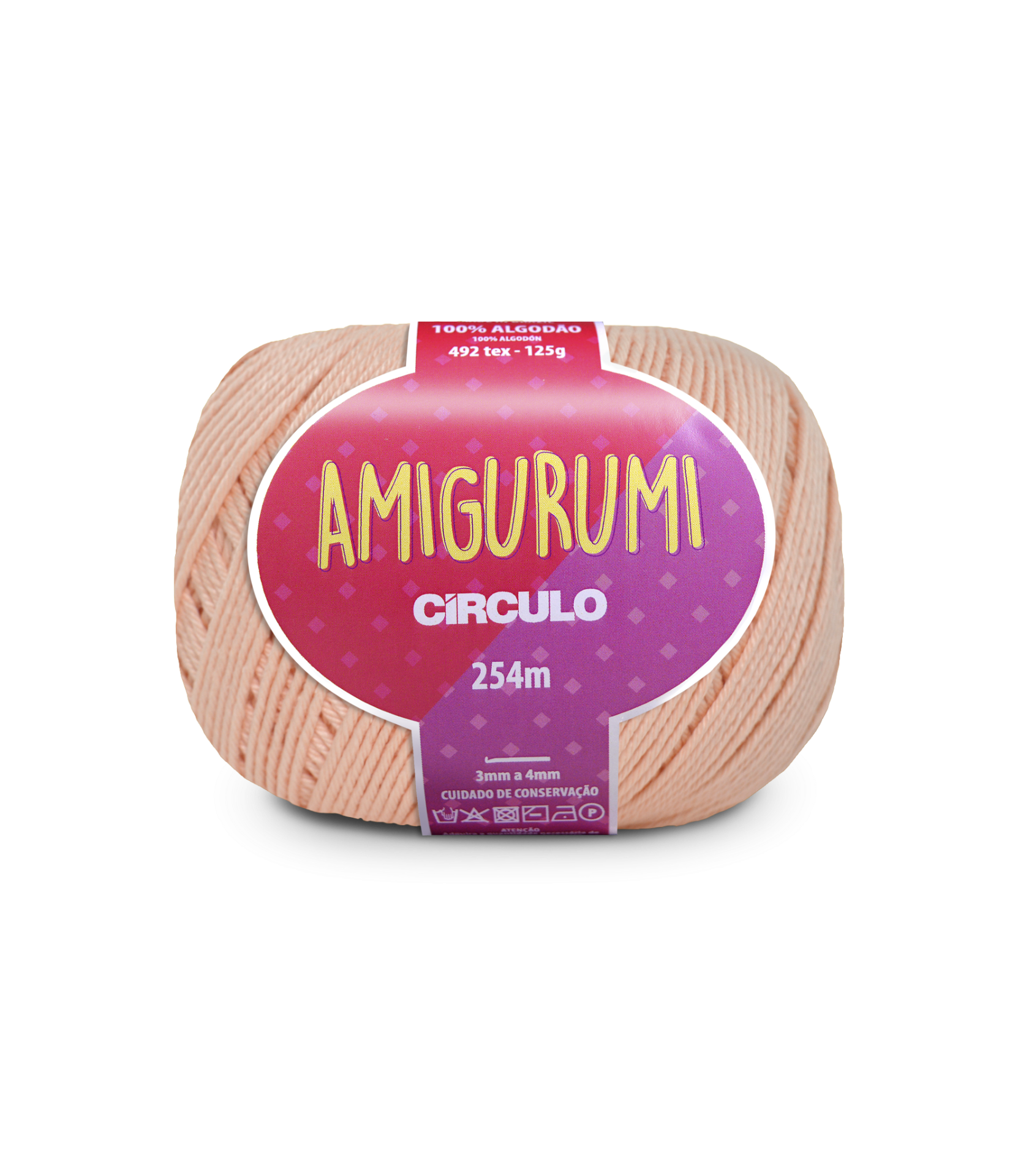 Novelo de fio Amigurumi cor rosa claro com etiqueta roxa e rosa da marca Círculo