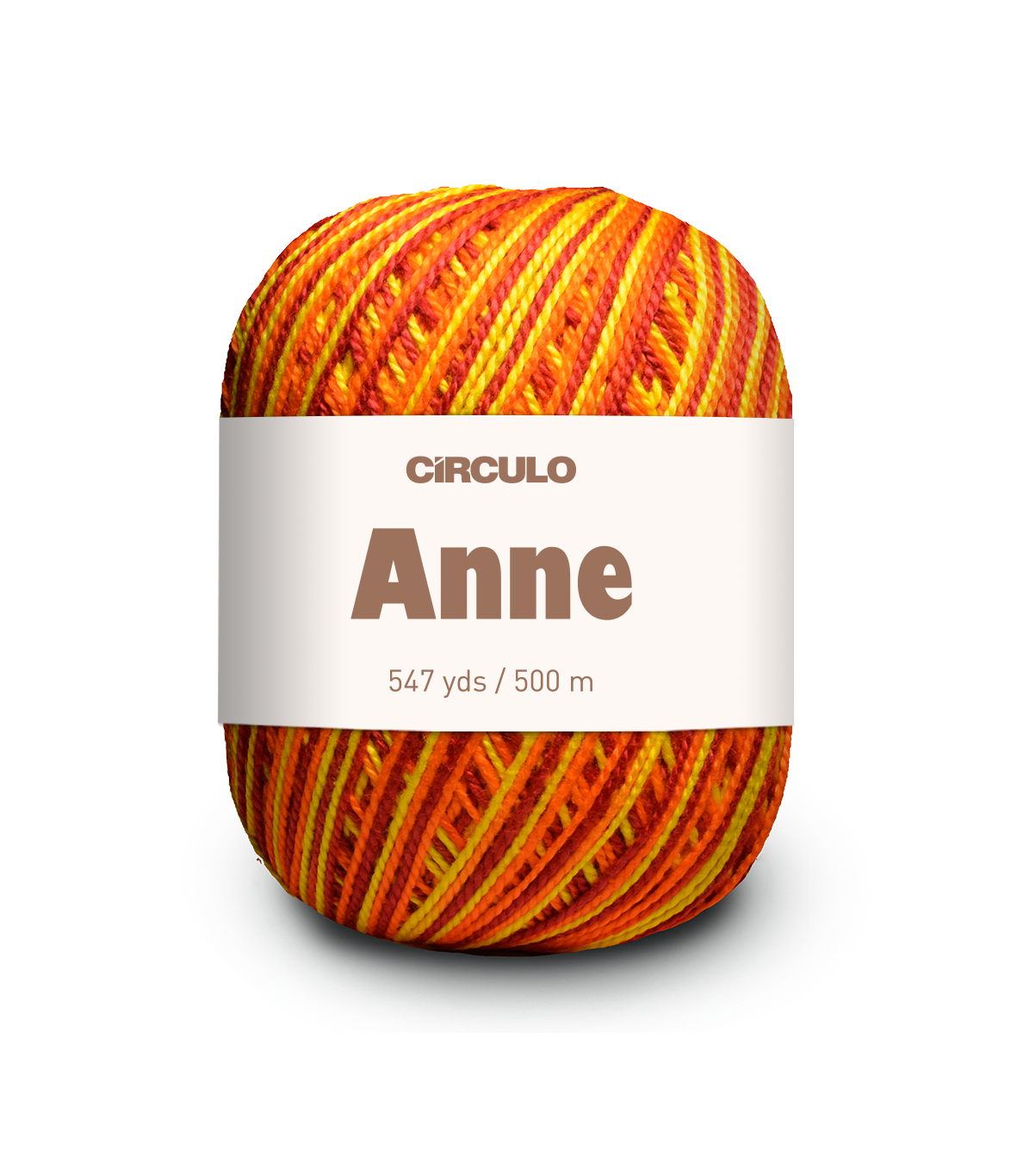 Rolo de linha multicolorido amarelo, laranja e vermelho com etiqueta CÍRCULO Anne.