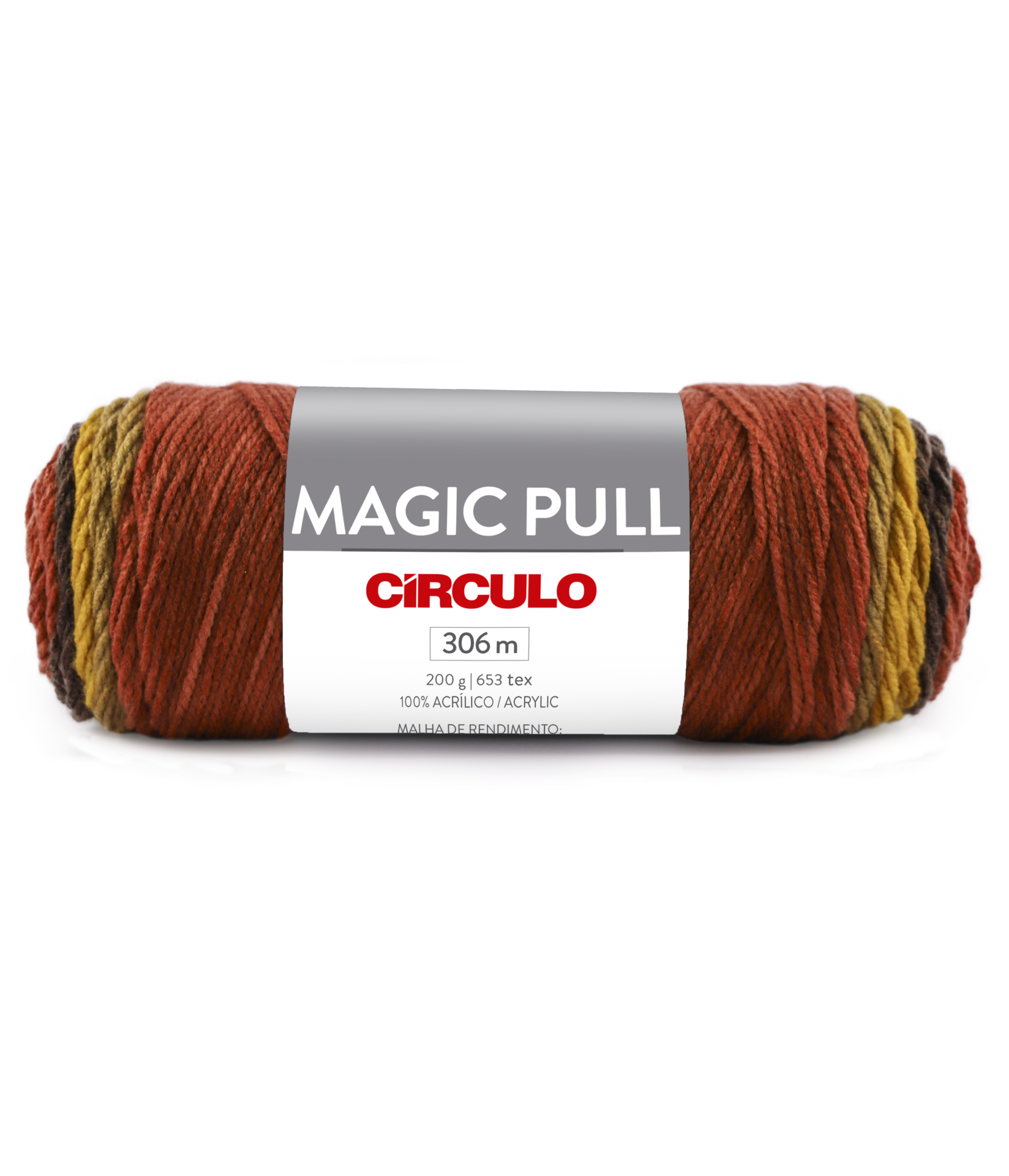 Novelo de fio acrílico multicolorido com etiqueta MAGIC PULL CÍRCULO