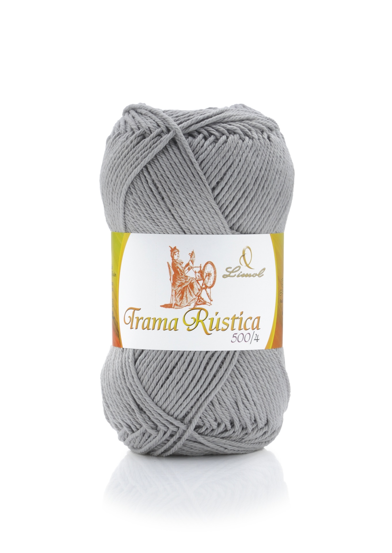 Novelo de lã cinzenta Trama Rústica com etiqueta branca e dourada