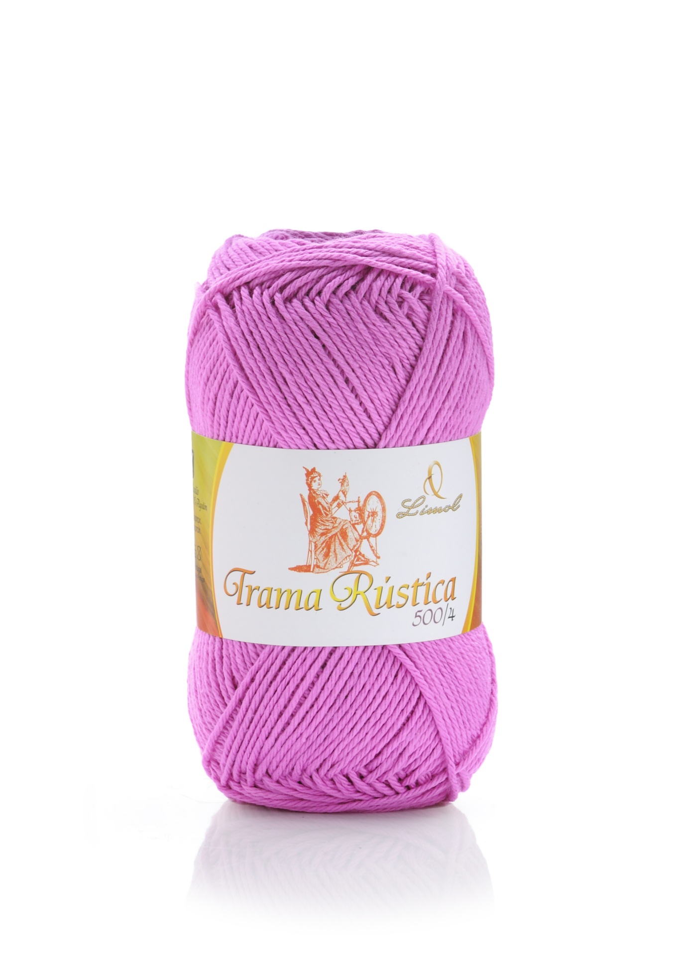 Novelo de fio rosa Trama Rústica 500/4 com etiqueta branca e amarela