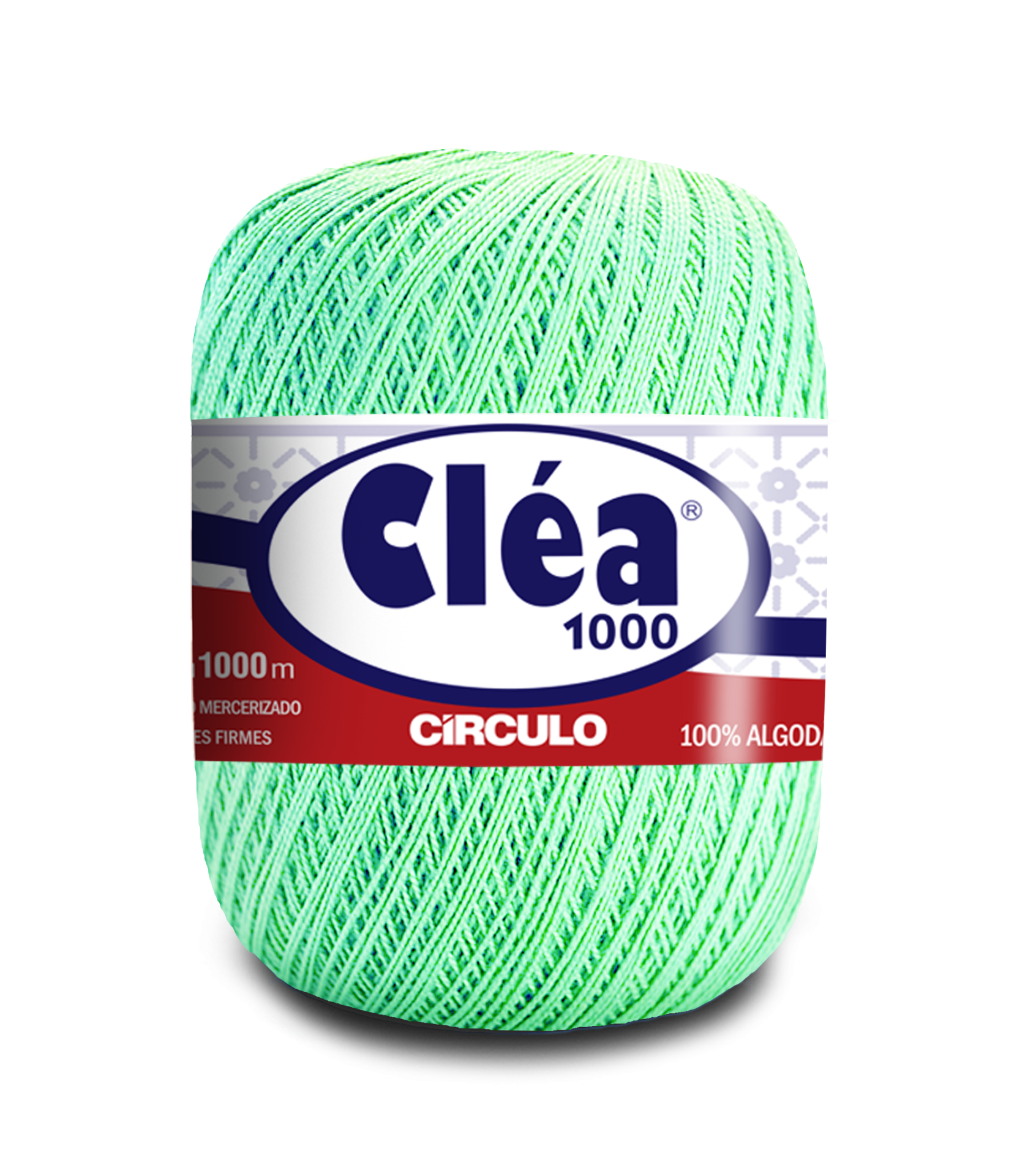 Novelo de fio de algodão Cléa 1000 verde claro da marca Circulo com rótulo colorido.