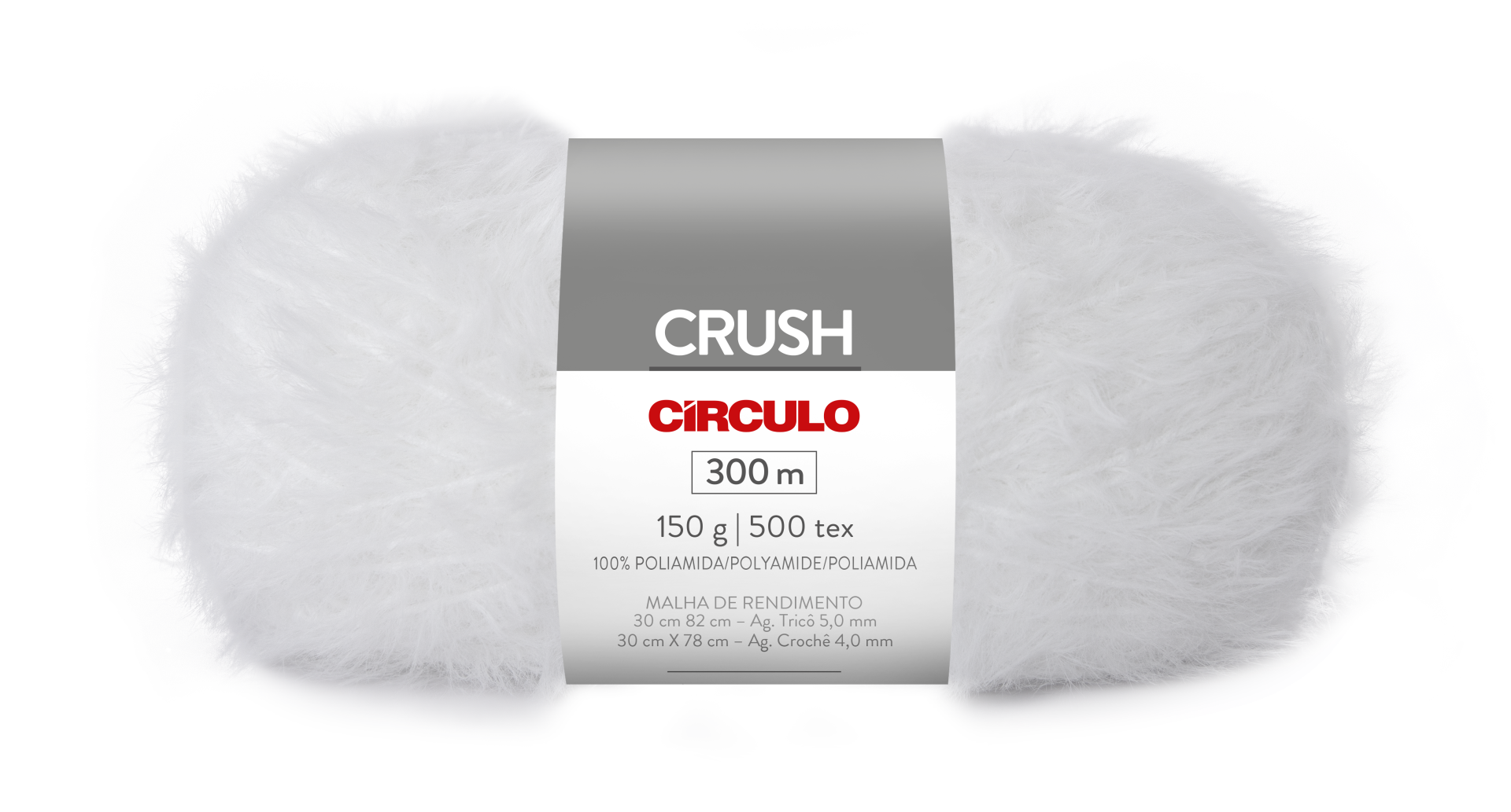 Novelo de lã branca com rótulo cinzento e branco com texto CRUSH, CIRCULO, 300 m, 150 g | 500 tex