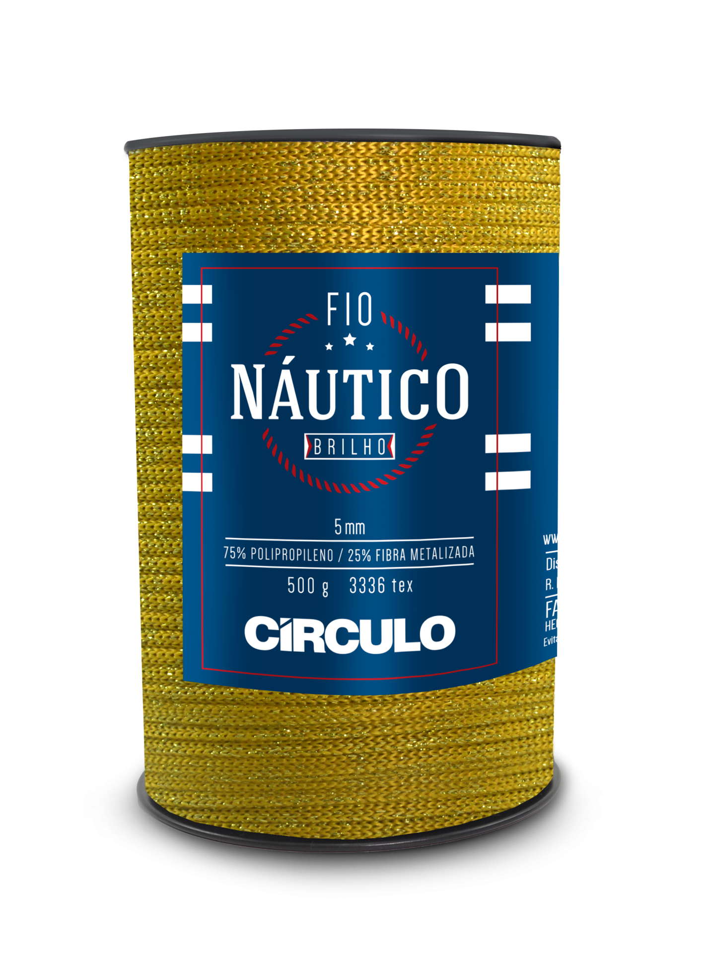 Rolo de fio náutico brilhante dourado com etiqueta azul e branca da marca CÍRCULO