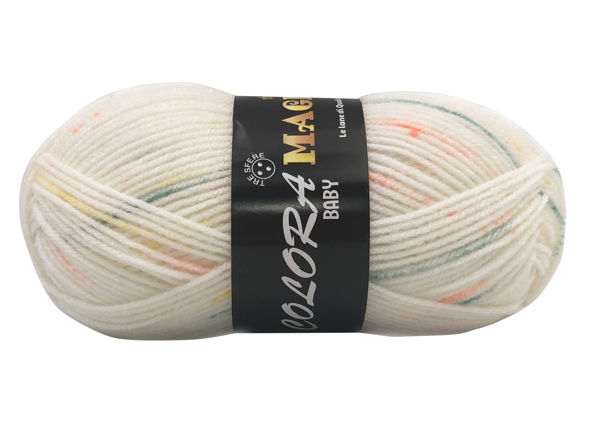 Novelo de lã branca com pontos cor-de-laranja e cinza e etiqueta preta