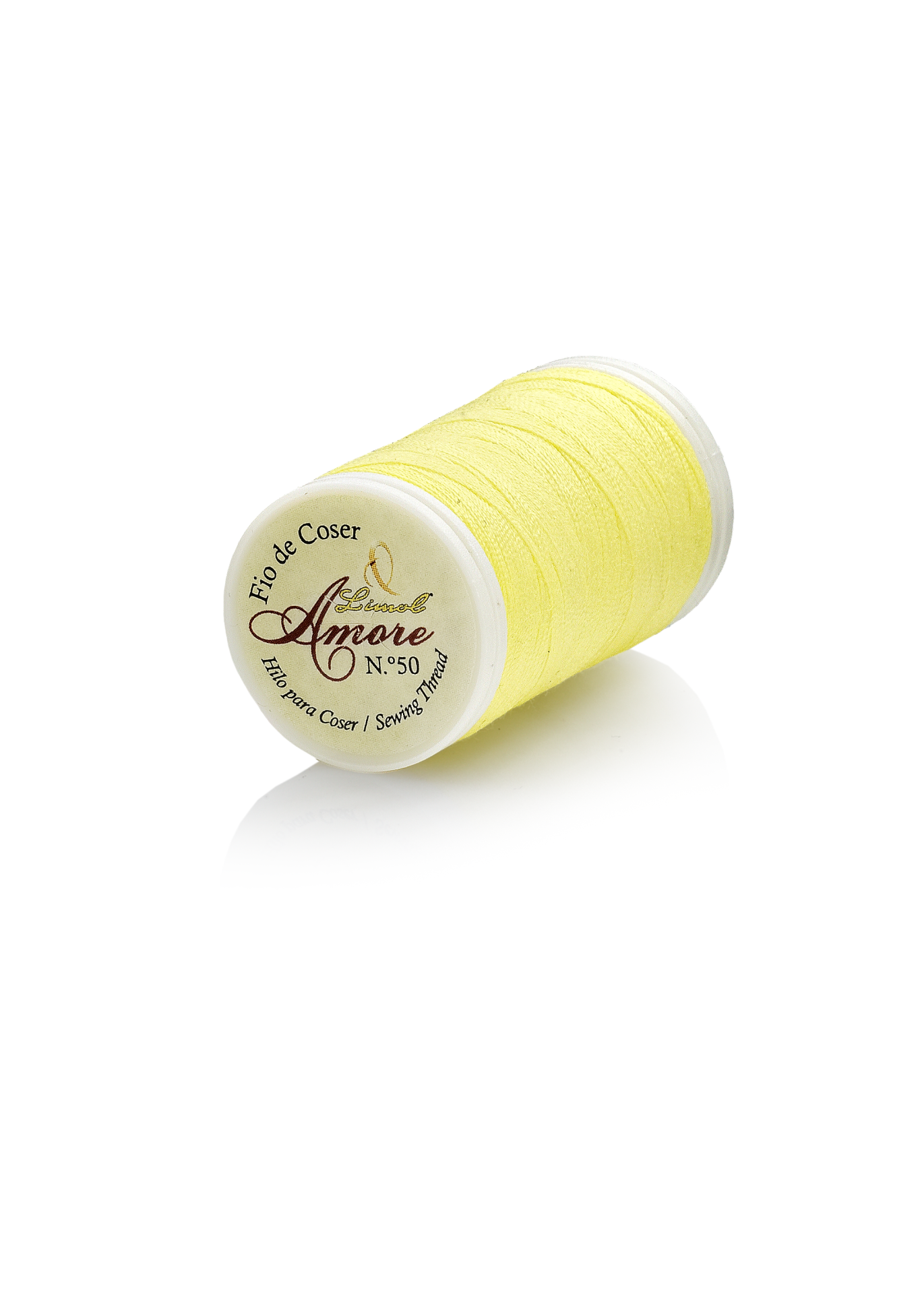 Carretel de linha de coser amarela marca Amore