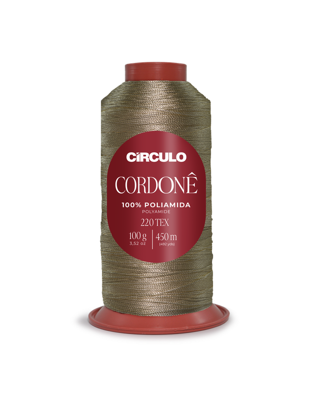 Cone de linha dourada Círculo Cordonê com etiqueta vermelha em base plástica vermelha