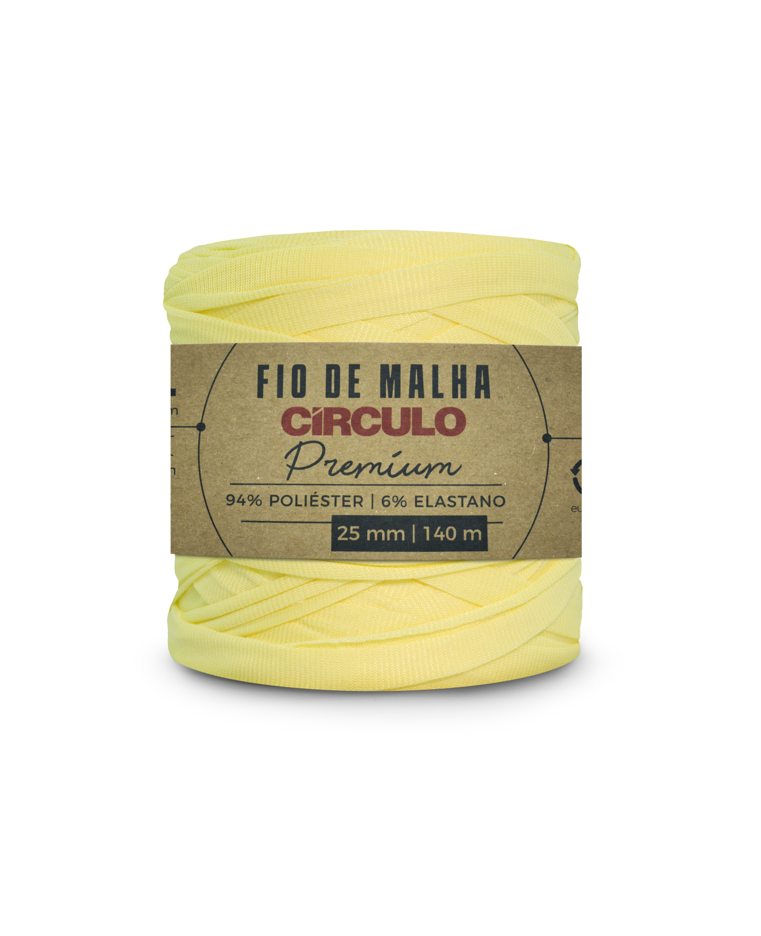 Rolo de fio de malha amarelo com etiqueta de papel com informações da marca e composição.