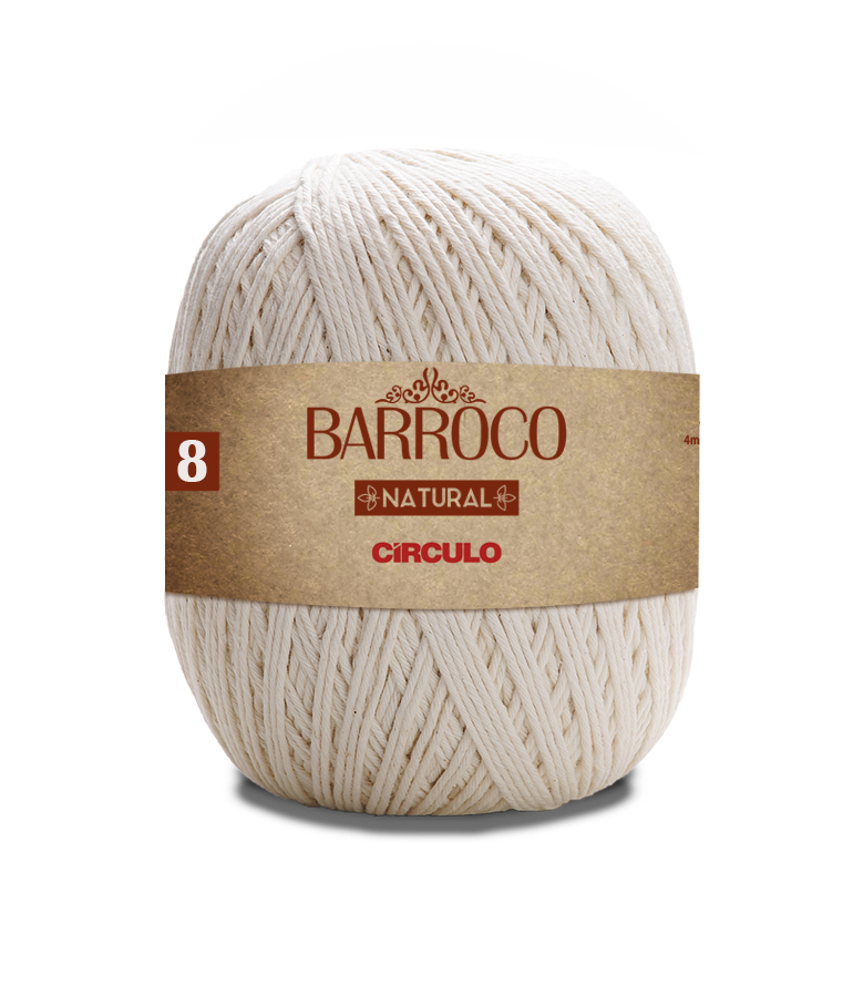 Novelo de fio natural branco Barroco com etiquetas castanhas e texto em destaque.
