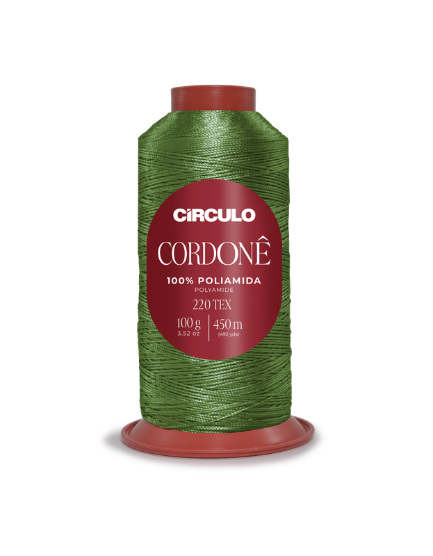 Cone de linha verde Círculo Cordonê com rótulo vermelho
