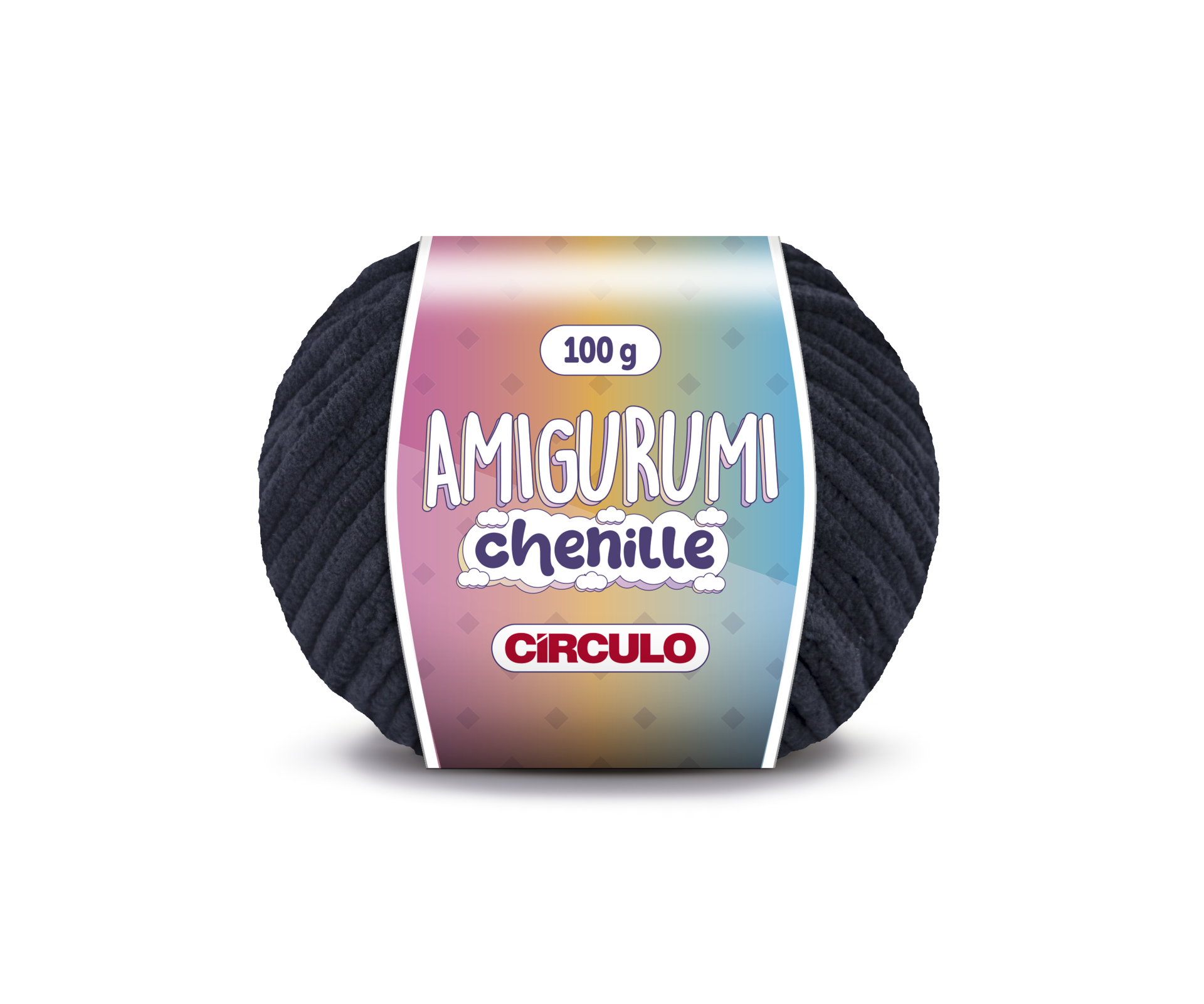 Novelo de lã preta tipo chenille com etiqueta colorida da marca CÍRCULO