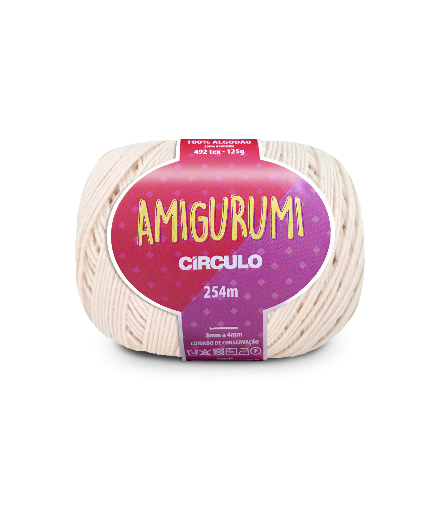 Novelo de linha Amigurumi branco da Círculo com embalagem rosa e roxa