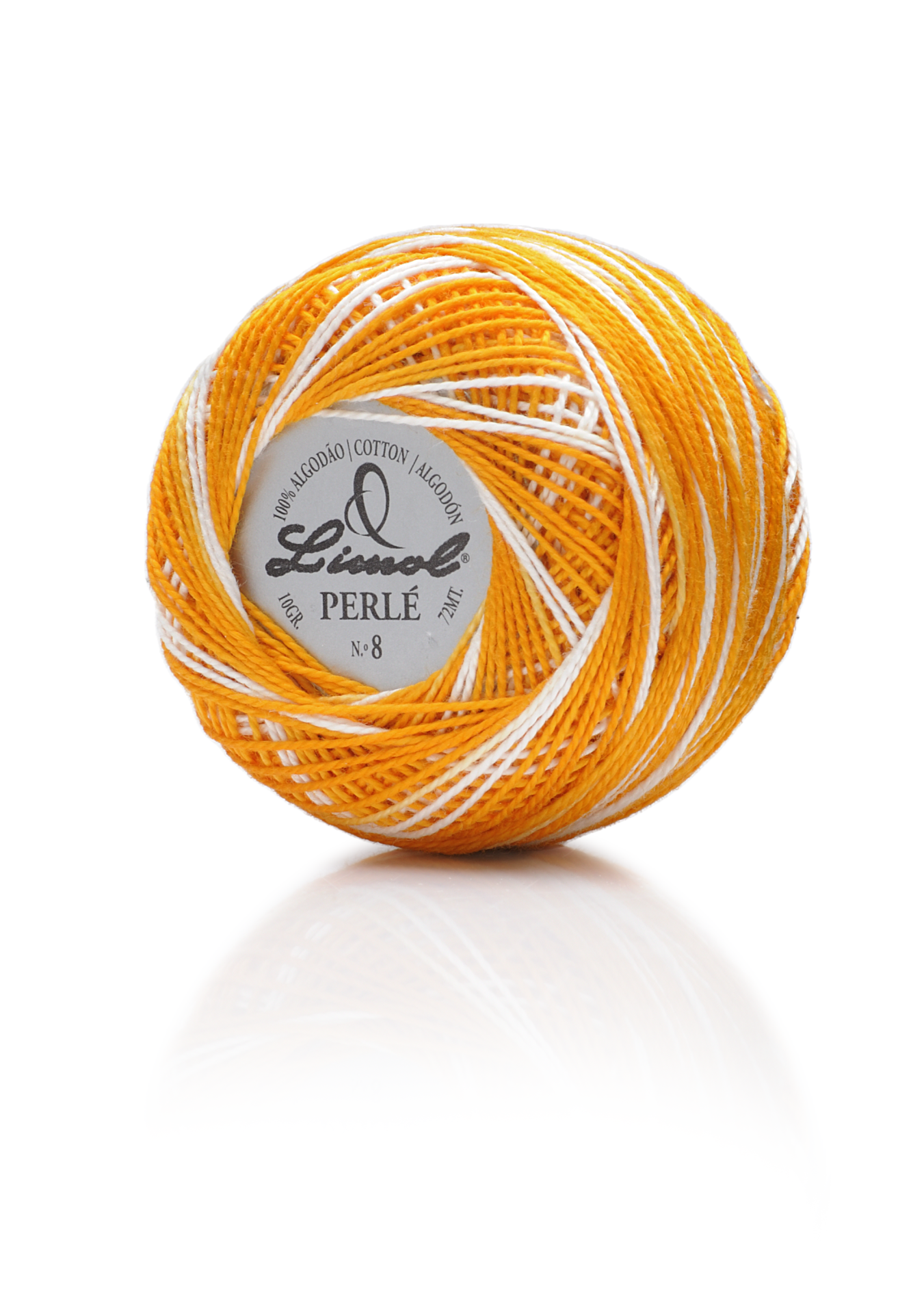 Novelo de fio amarelo e branco Limol Perlé 100% algodão