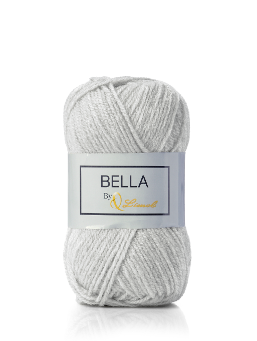 Novelo de lã cinzento claro com etiqueta branca e texto BELLA By Q Limol.